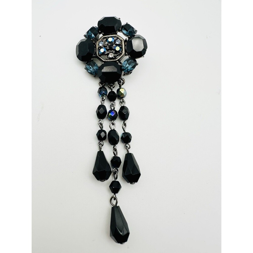 Vintage Signed Givenchy Gunmetal Black AB Blue Rhinestone Brooch Pin Tassel